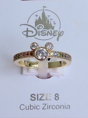 Mickey Mouse Multi-Color Rainbow Pavé Ring - Gold Tone - Size 8